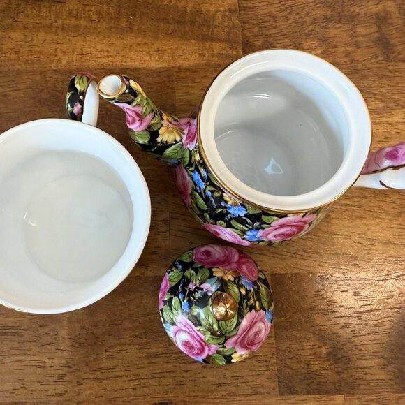 Royal Staffordshire Black Chintz Rose Teapot Floral Cup Gold Trim Pink Blue - Picture 6 of 8